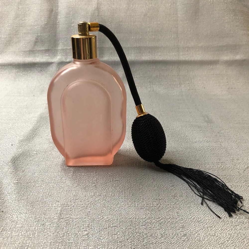 Vintage Pink Frosted Glass Purfume Bottle, Victorian Vanity, Barbie access, 5”